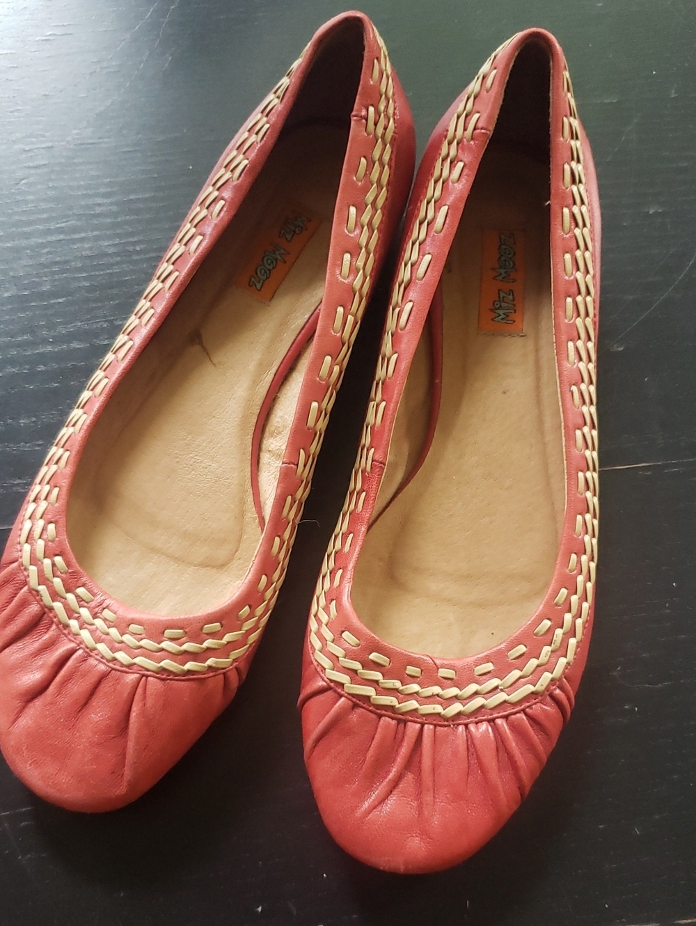 Miz Mooz Esther Coral Red Leather Slip-On Ballet Flats with Stitching Trim